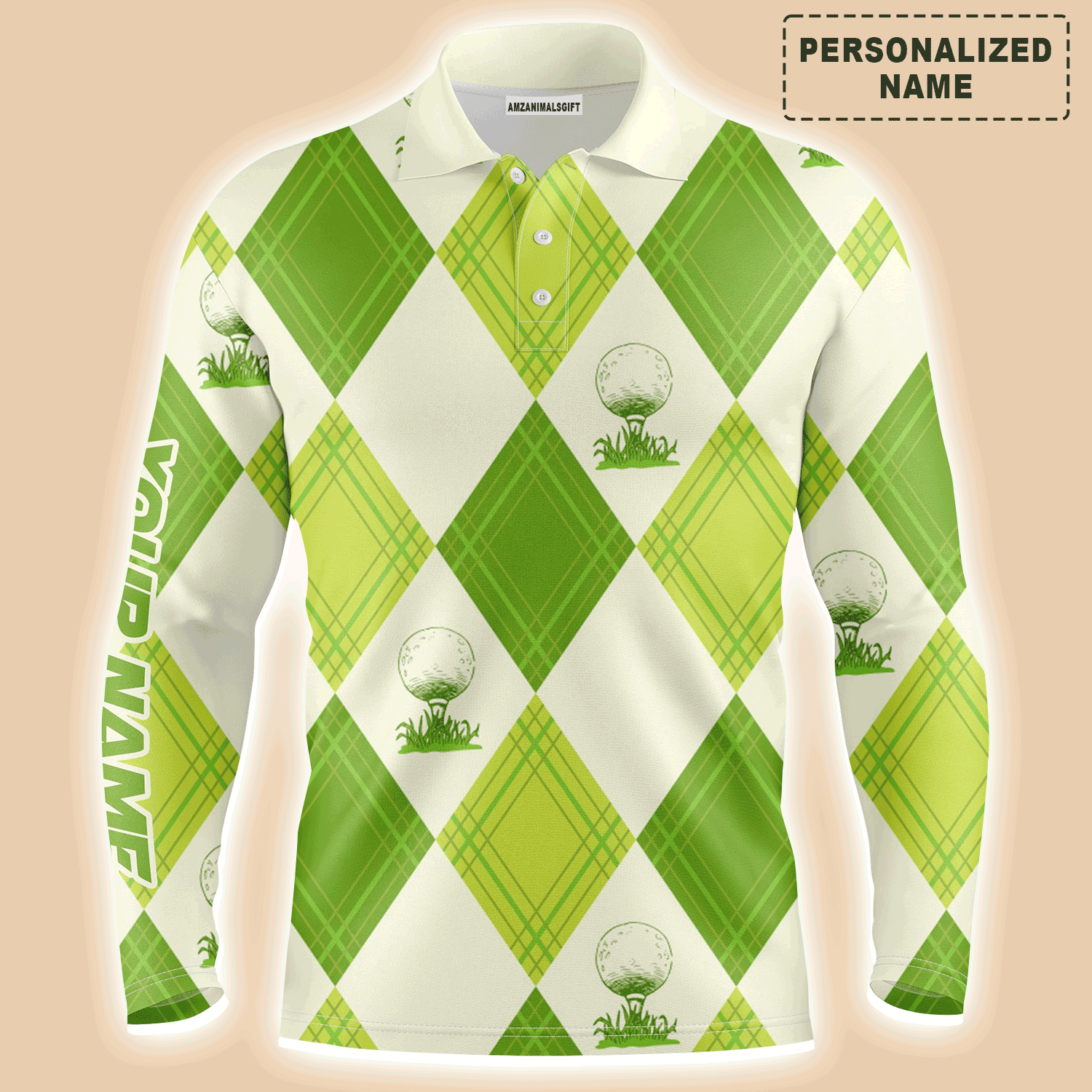 Custom Golf Long Sleeve Men Polo Shirt- Custom Name Green Argyle Pattern Apparel - Personalized Gift For Men, Golf Lover