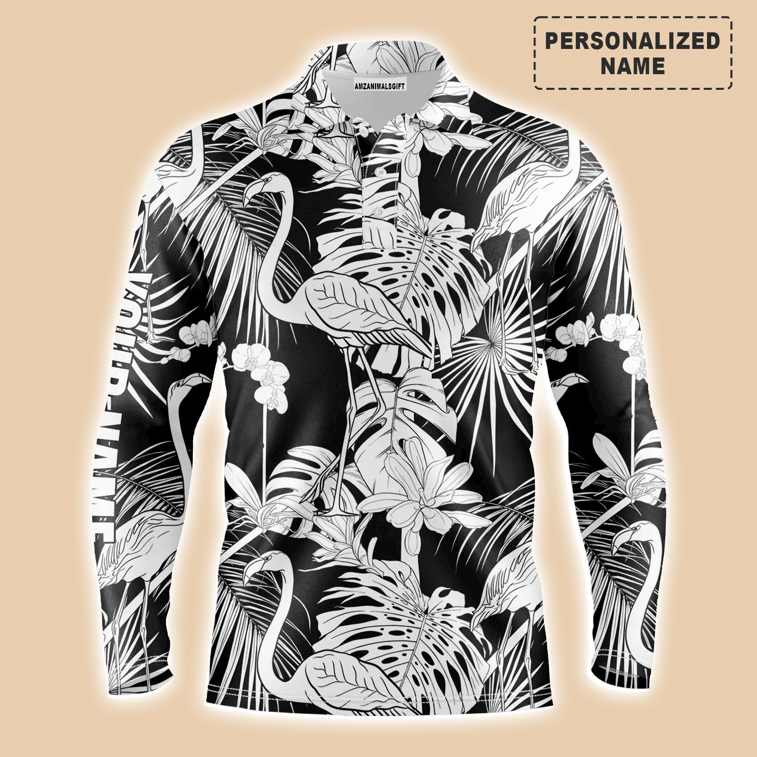 Custom Golf Long Sleeve Men Polo Shirt - Black And White Tropical Plants Flamingo Custom Name Apparel - Personalized Gift For Men, Golf Lover