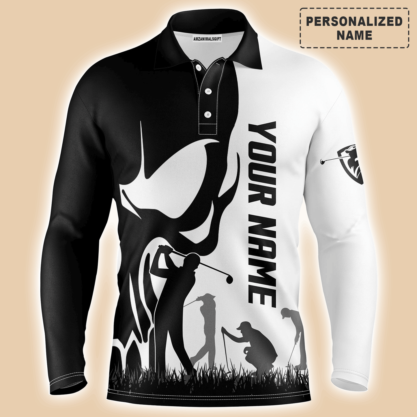 Custom Golf Long Sleeve Men Polo Shirt, Custom Name Skull Golf Ball Skin Apparel Men Golf Polo Shirt - Perfect Gift For Men, Golf Lovers