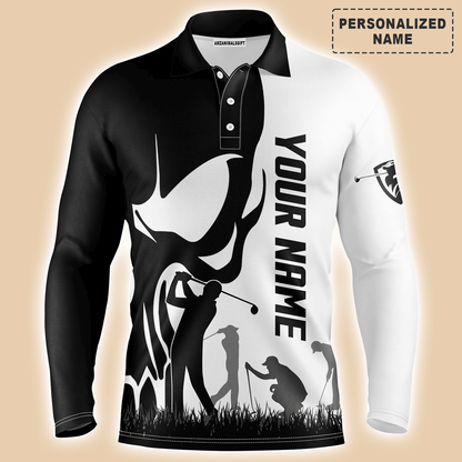 Custom Golf Long Sleeve Men Polo Shirt, Custom Name Skull Golf Ball Skin Apparel Men Golf Polo Shirt - Perfect Gift For Men, Golf Lovers