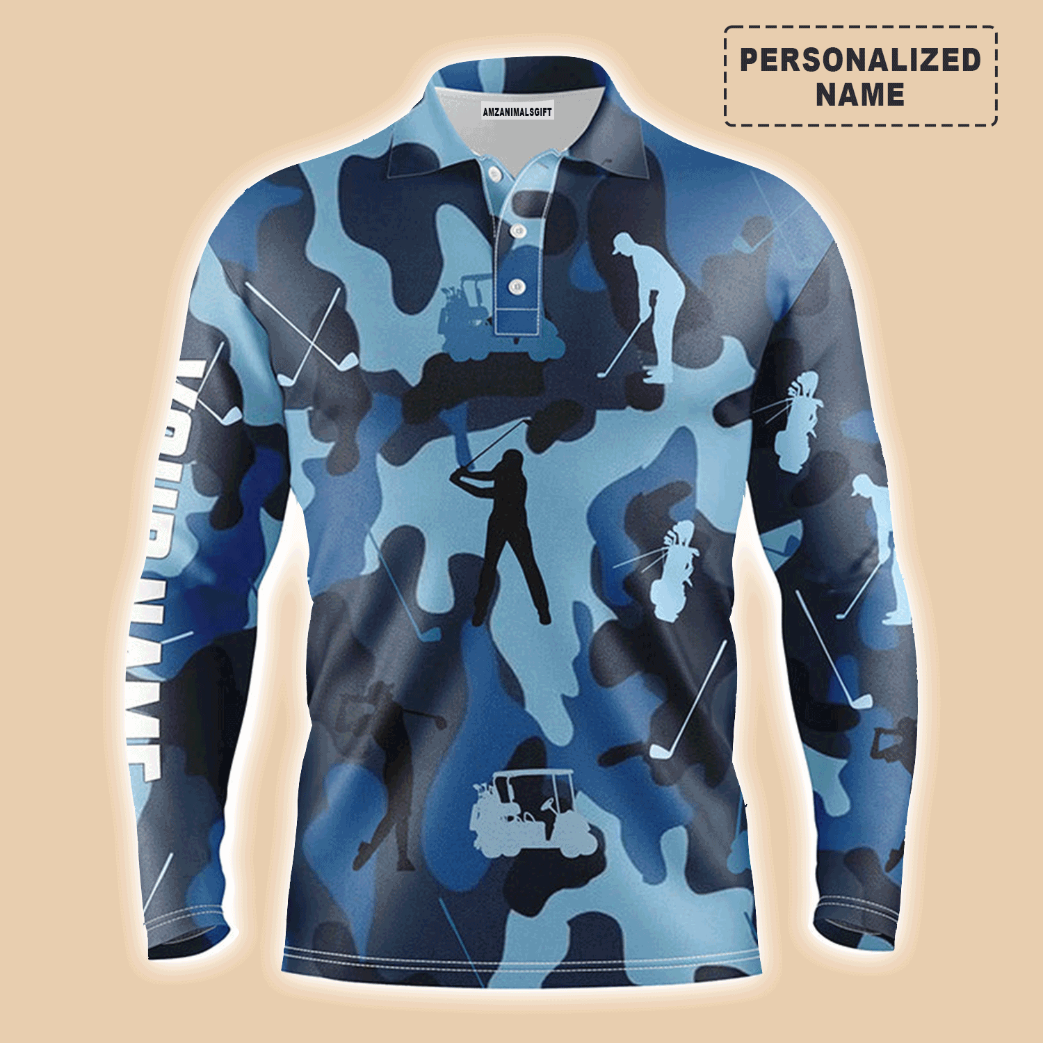 Custom Golf Long Sleeve Men Polo Shirt - Blue Camo Custom Name Apparel Men Polo Shirt - Personalized Gift For Golf Lover, Team, Golfers