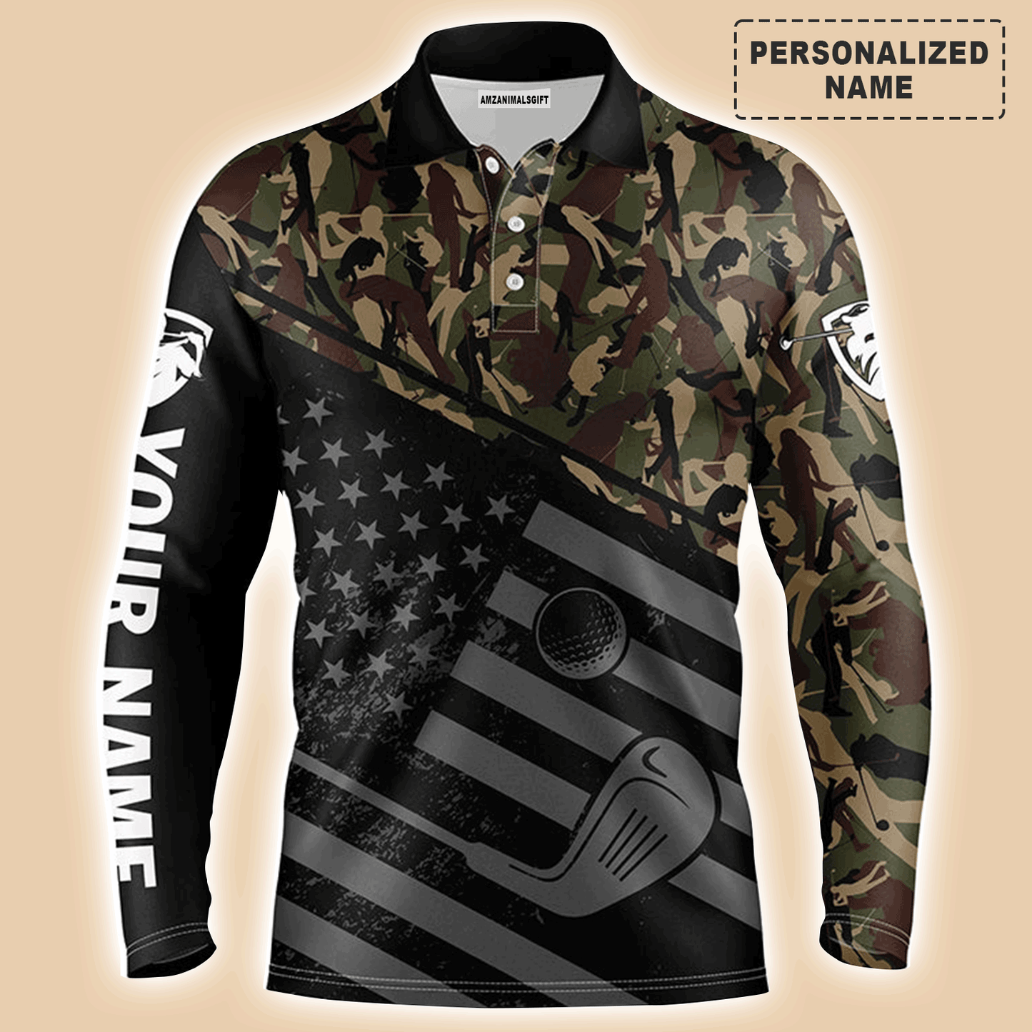 Golf Men Polo Shirt, Camo Polo Custom Name, Black American Flag Patriotic Apparel - Personalized Sports Gift For Men, Husband, Boyfriend, Golf Lovers