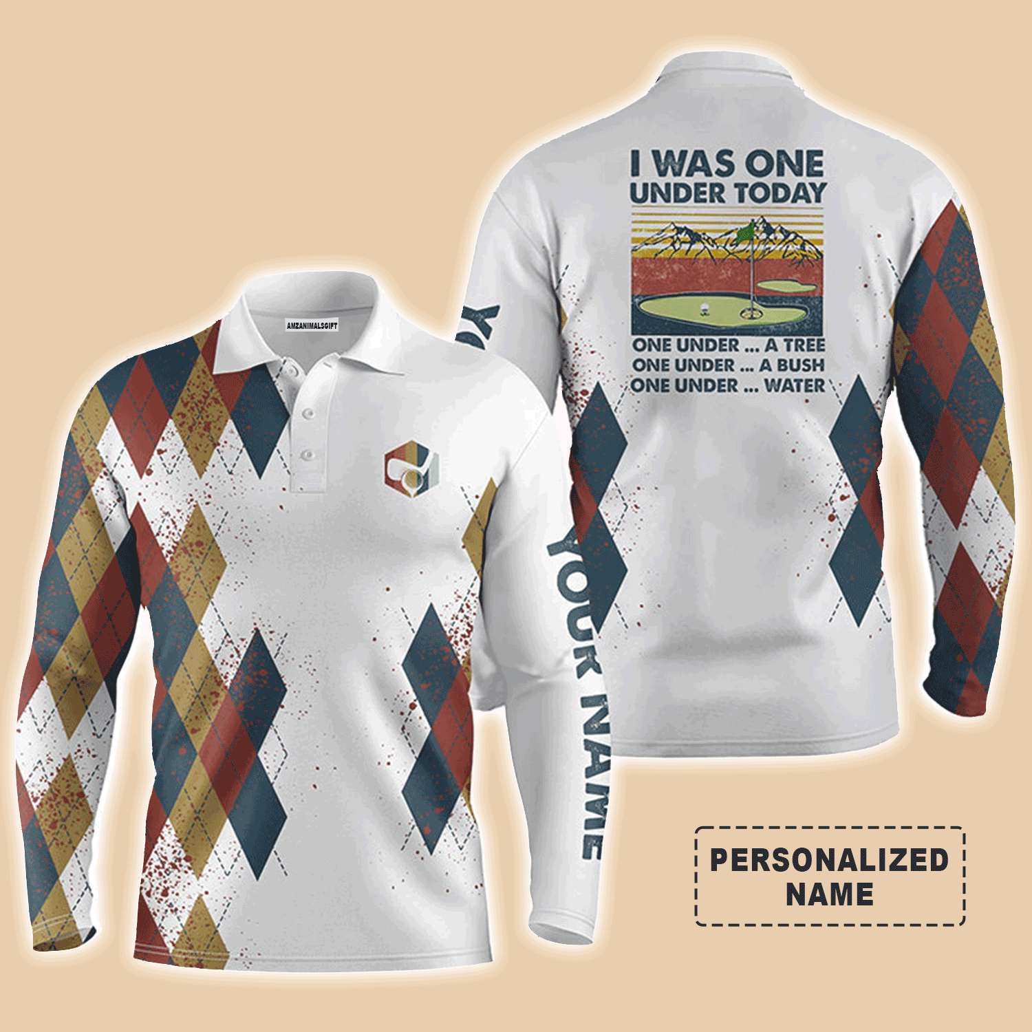 Custom Golf Long Sleeve Men Polo Shirt - I Was One Under Today One Under A Tree Bush and Water Golf Men Polo Shirt For Golf Lover