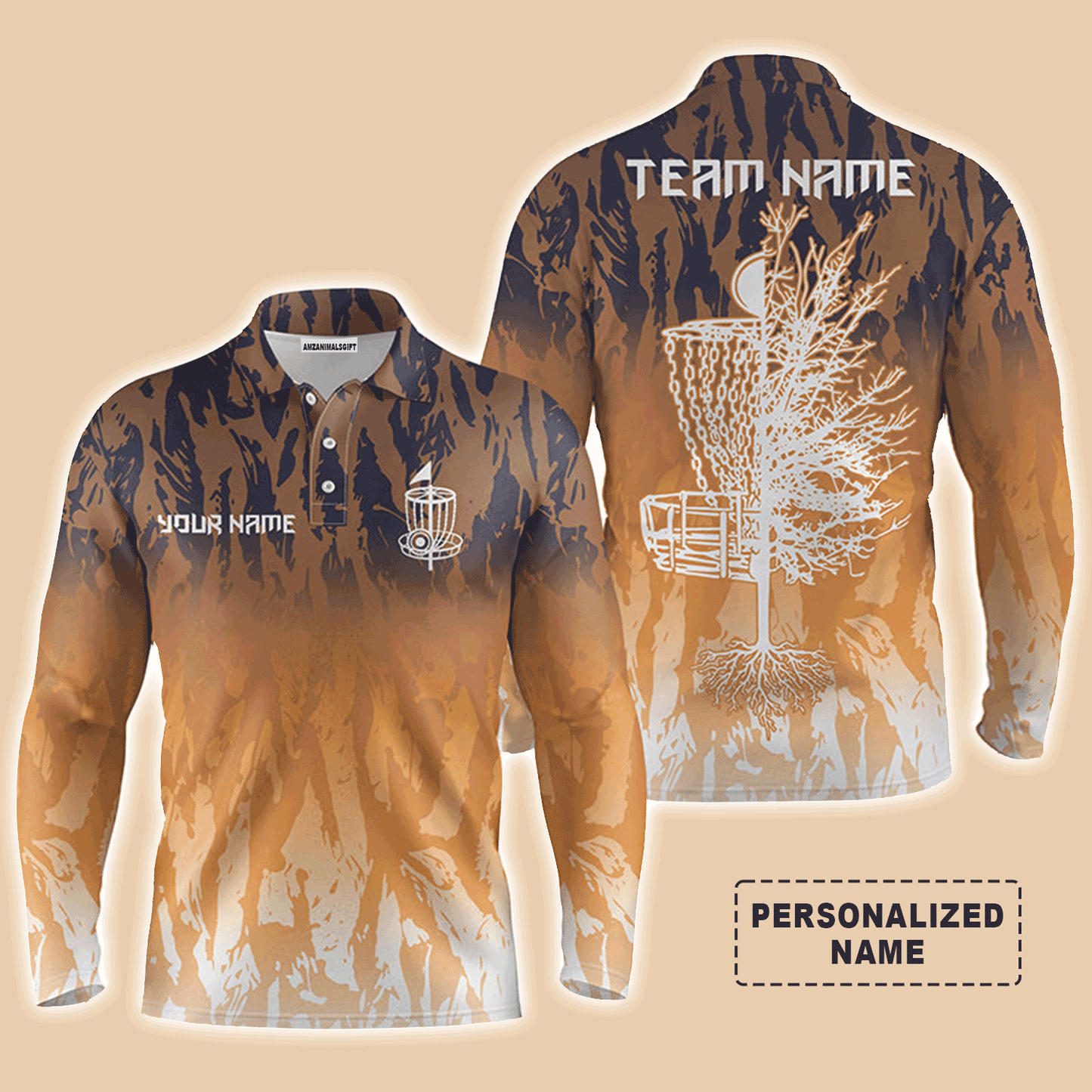 Custom Disc Golf Long Sleeve Men Polo Shirt - Custom Name Orange Camo Disc Golf Basket Apparel - Personalized Gift For Men, Disc Golf Lover
