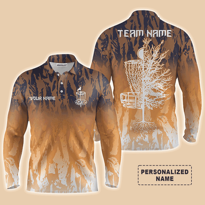 Custom Disc Golf Long Sleeve Men Polo Shirt - Custom Name Orange Camo Disc Golf Basket Apparel - Personalized Gift For Men, Disc Golf Lover