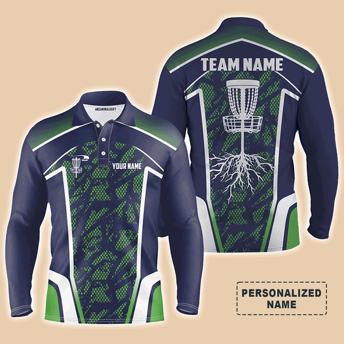 Custom Disc Golf Long Sleeve Men Polo Shirt - Disc Golf Custom Name and Team Men Polo Shirt- Hole Blue Green Camo Apparel - Perfect Polo Shirt For Men