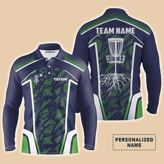 Custom Disc Golf Long Sleeve Men Polo Shirt - Disc Golf Custom Name and Team Men Polo Shirt- Hole Blue Green Camo Apparel - Perfect Polo Shirt For Men