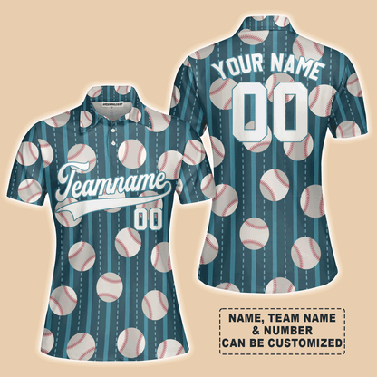 Customized Baseball Women Polo Shirt, Teal Baseball Striped Pattern Custom Polo Shirt - Perfect Polo Shirt For Women, Baseball Lovers