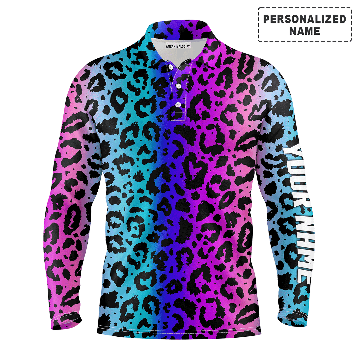 Custom Golf Long Sleeve Men Polo Shirt - Custom Name Colorful Neon Gradient Leopard Pattern Apparel - Personalized Gift For Men, Golf Lover