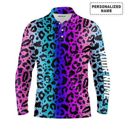 Custom Golf Long Sleeve Men Polo Shirt - Custom Name Colorful Neon Gradient Leopard Pattern Apparel - Personalized Gift For Men, Golf Lover
