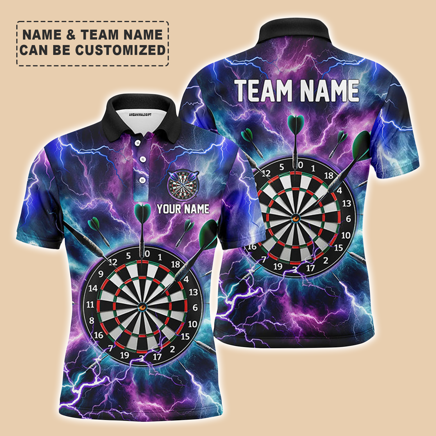 Personalized Darts Men Polo Shirt - Custom Name & Team Name Purple Thunder Lightning Polo Shirt For Men, Darts Team, Darts Lover