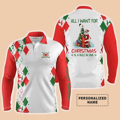 Custom Golf Short Sleeve Men Polo Shirt Shirt - Funny Santa Golfer  - All I Want For Christmas Is A Hole In One - Personalized Gift For Golf Lover, Team