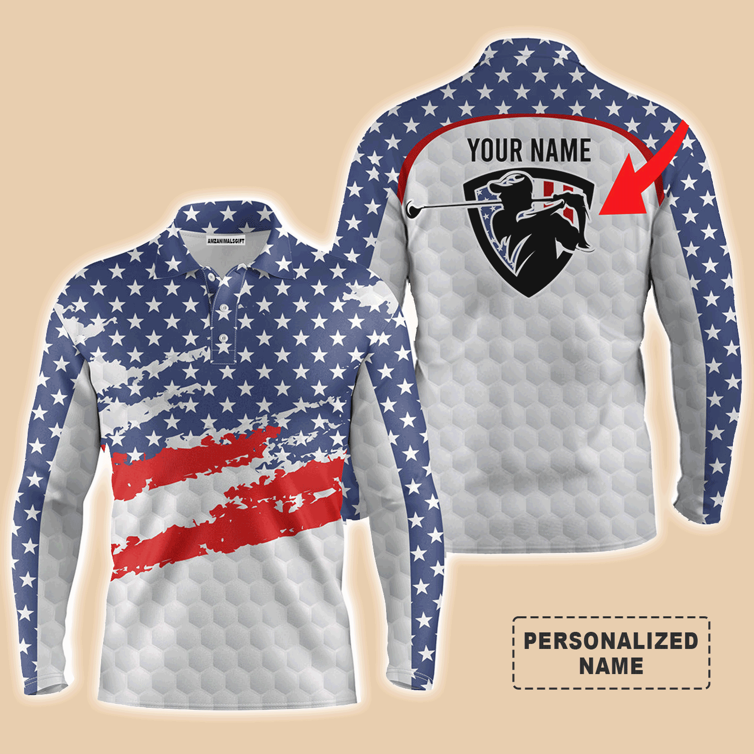 Custom Golf Long Sleeve Men Polo Shirt - American Flag Custom Name And Logo Team Golf Men Polo Shirt For Golf Lover