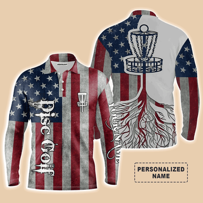 Custom Disc Golf Long Sleeve Men Polo Shirt- Custom Name American Flag Disc Golf Basket Apparel Men Polo Shirt For Disc Golf Lover