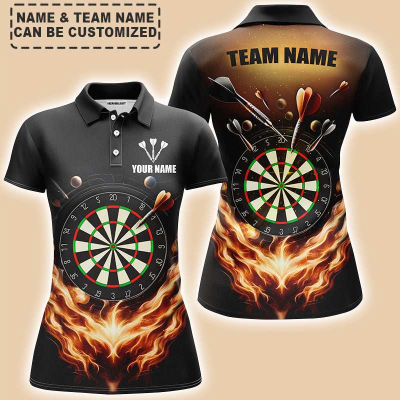 Personalized Darts Women Polo Shirt - Custom Name & Team Name Black Orange Fire Flame Darts Polo Shirt For Women, Darts Team, Darts Lover