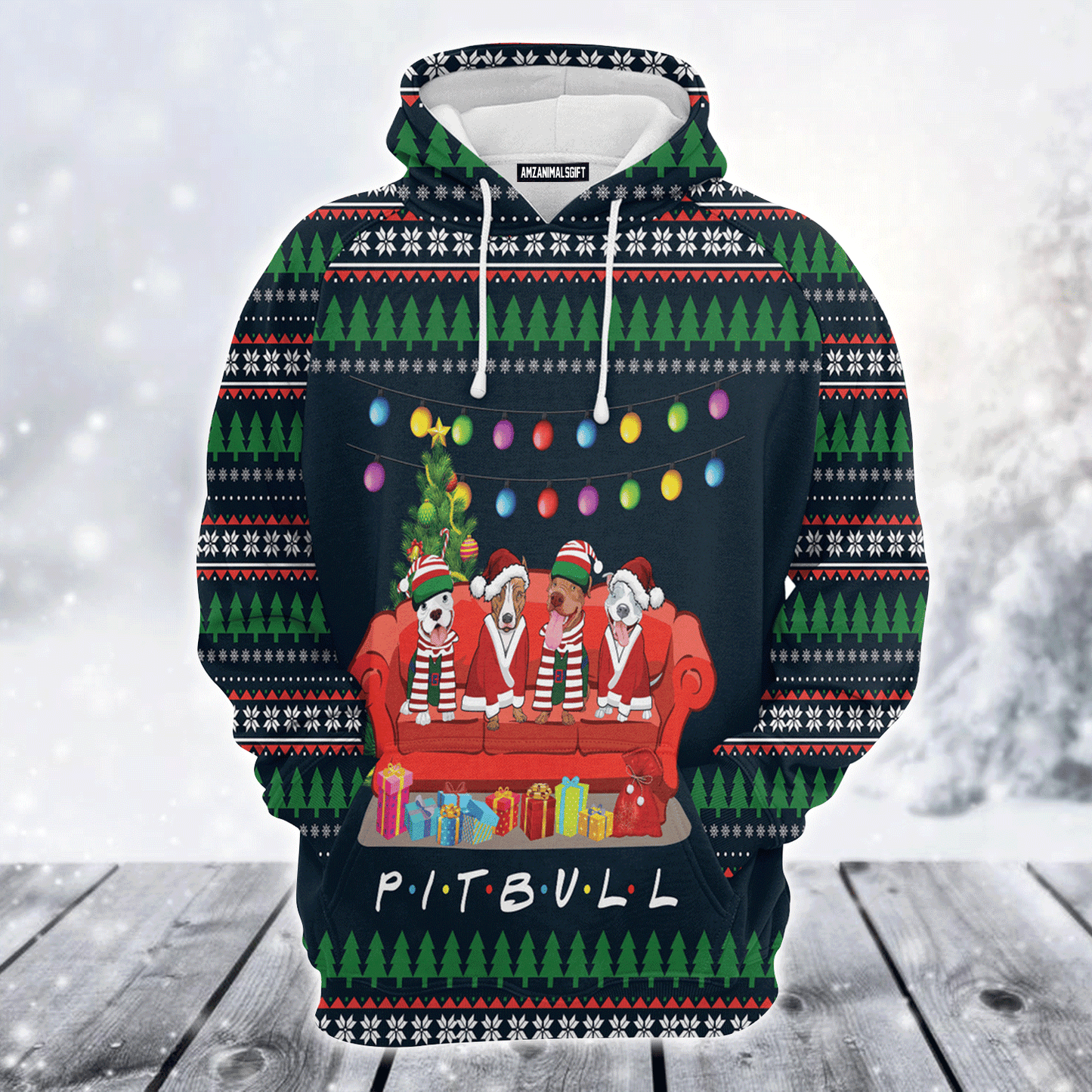 Pit Bull Xmas Premium Christmas Hoodie, Pit Bull Friends On Red Sofa Unisex Hoodie For Men & Women - Perfect Gift For Christmas, Pit Bull Lovers