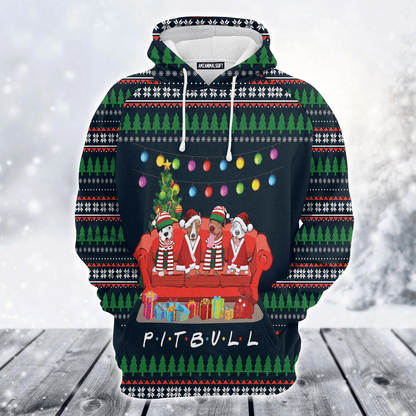 Pit Bull Xmas Premium Christmas Hoodie, Pit Bull Friends On Red Sofa Unisex Hoodie For Men & Women - Perfect Gift For Christmas, Pit Bull Lovers