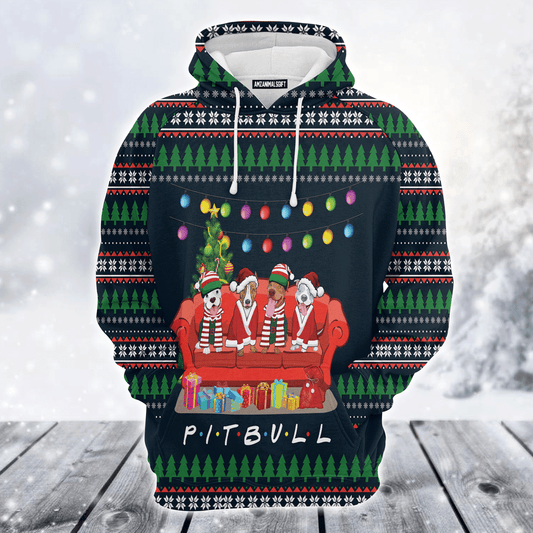 Pit Bull Xmas Premium Christmas Hoodie, Pit Bull Friends On Red Sofa Unisex Hoodie For Men & Women - Perfect Gift For Christmas, Pit Bull Lovers