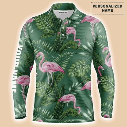 Custom Golf Long Sleeve Men Polo Shirt - Pink Flamingo Pattern Custom Name Apparel - Personalized Gift For Men, Golf Lover