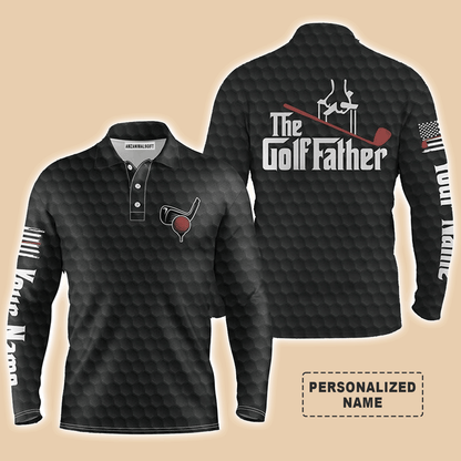 Custom Golf Long Sleeve Men Polo Shirt - Custom Name Black Golf Ball Pattern Apparel - The Golf Father Men Golf Polo Shirt- Perfect Polo Shirt For Men