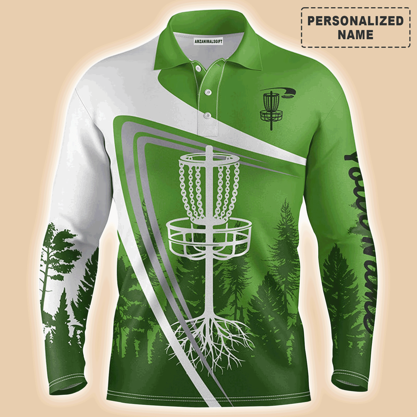 Custom Golf Long Sleeve Men Polo Shirt, Custom Name Green Disc Golf Basket Apparel - Perfect Gifts For Men, Golf Lover