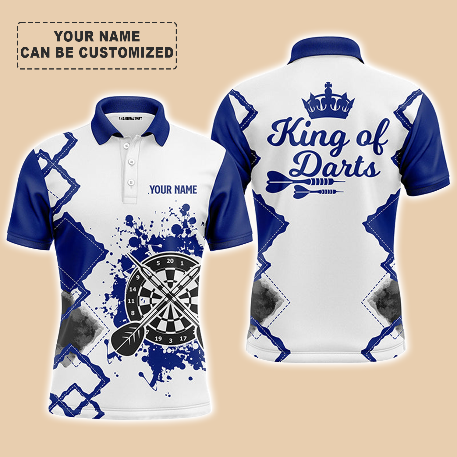 Personalized Darts Men Polo Shirt - Custom Name & Team Name King Of Darts Blue White Polo Shirt For Men, Darts Team, Darts Lover