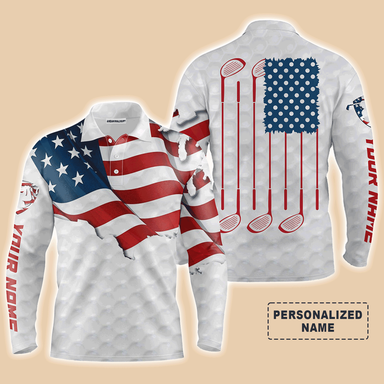 Custom Golf Long Sleeve Men Polo Shirt, Custom Name Golf Club White American Flag Apparel- Perfect Sports Gift For Men, Golf Lover