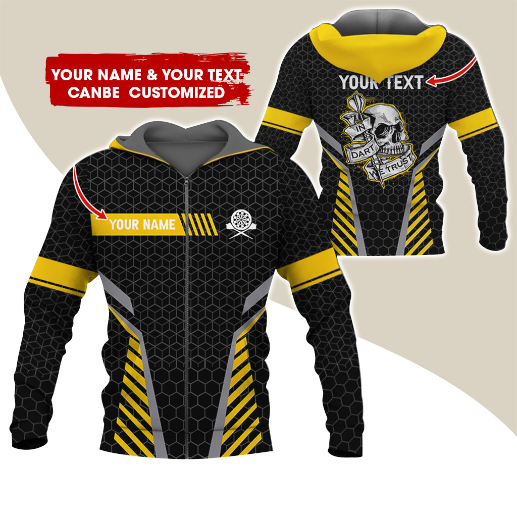 Customized Name & Text Skull Darts Premium Zip Hoodie, Custom Honeycomb Pattern Darts Zip Hoodie For Men & Women - Gift For Darts Lovers, Darts Players