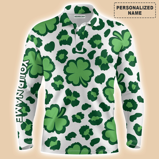 Custom Golf Long Sleeve Men Polo Shirt - Custom Name Clover And Leopard Pattern St. Patrick's Day Apparel For Golf Lover, Men
