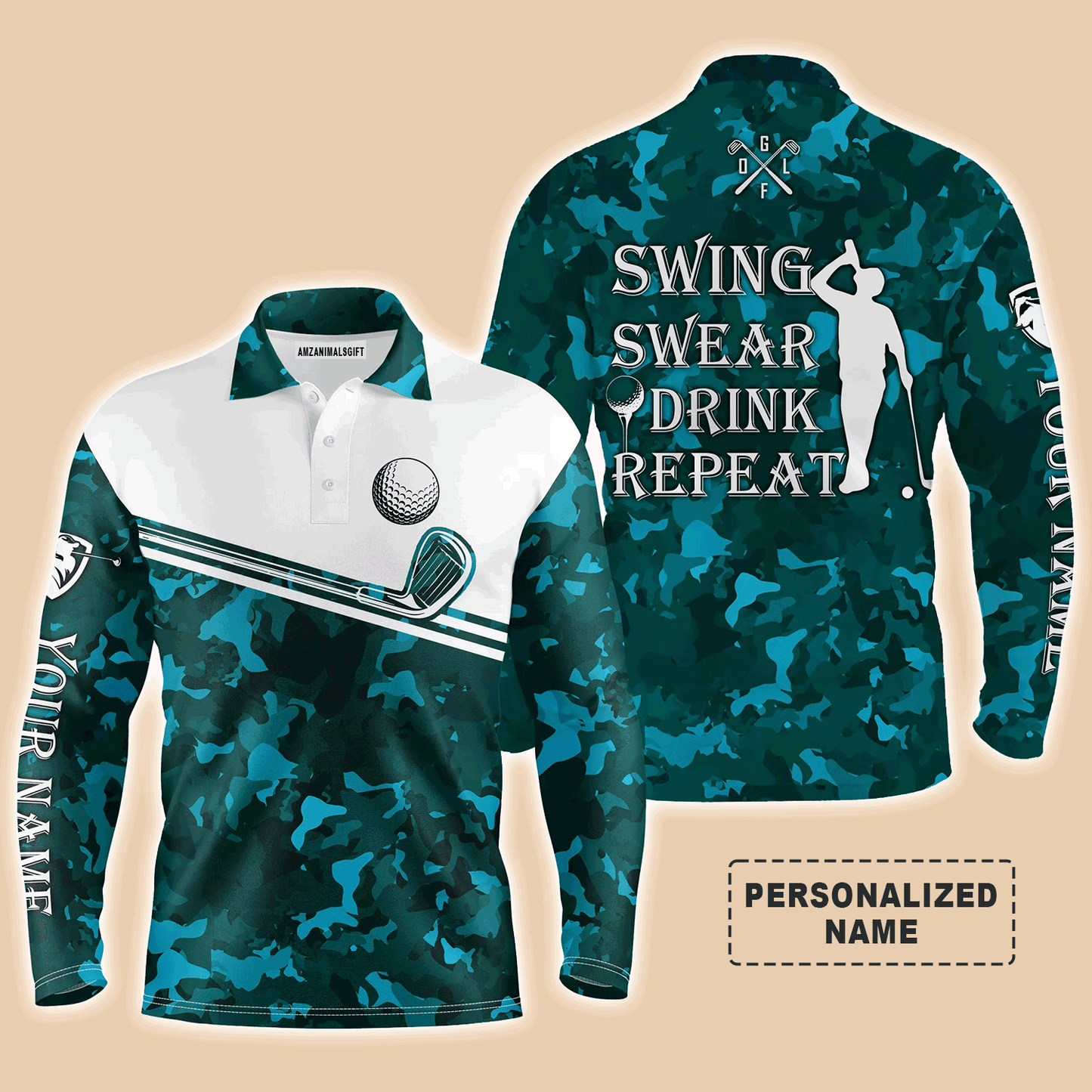 Custom Golf Long Sleeve Men Polo Shirt - Swing Swear Drink Repeat Custom Name Camo Pattern Apparel - Personalized Gift For Men, Golf Lover