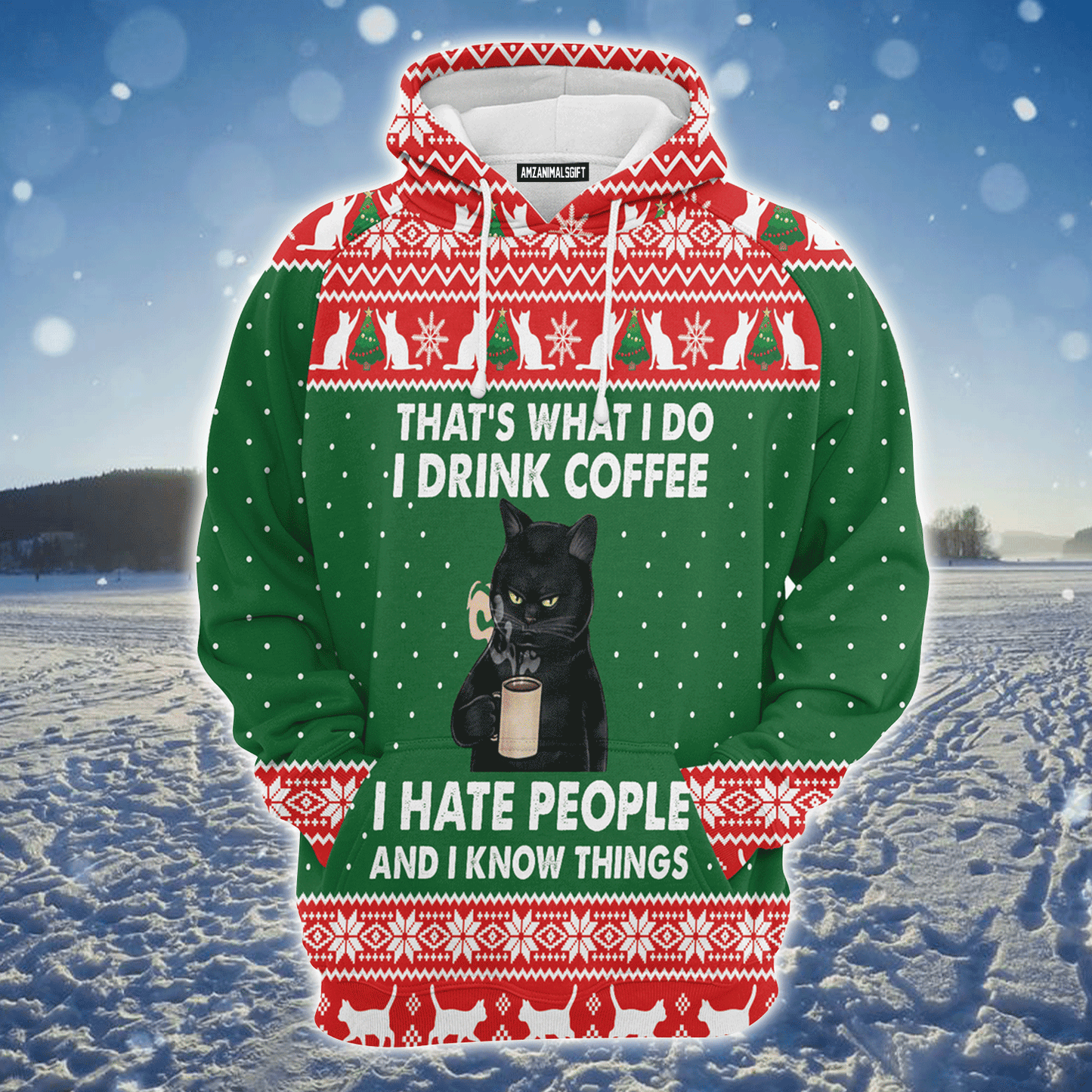 Black Cat Premium Christmas Hoodie, I Drink Coffee I hate People Unisex Hoodie For Men & Women - Perfect Gift For Christmas, Black Cat Lover