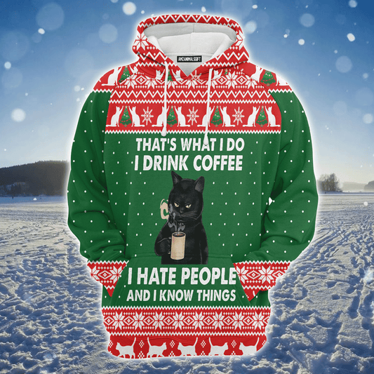 Black Cat Premium Christmas Hoodie, I Drink Coffee I hate People Unisex Hoodie For Men & Women - Perfect Gift For Christmas, Black Cat Lover