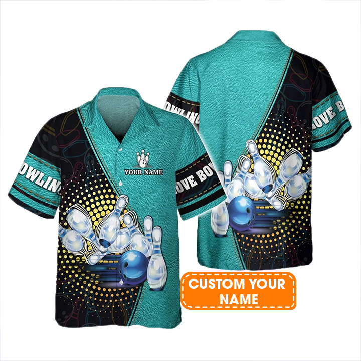 Bowling Hawaiian Shirt Custom Name - Bowling Game Sign Icon with Pin Skittle Personalized Aloha Hawaiian Shirt - Gift For Friend, Family, Bowling Lovers