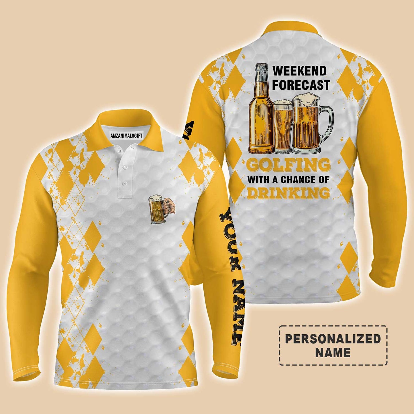 Custom Name Funny Beer Golf Men Polo Shirt - Weekend Forecast Golfing With A Chance Of Drinking Polo Shirt - Perfect Gift For Golf Lover, Team, Golfer