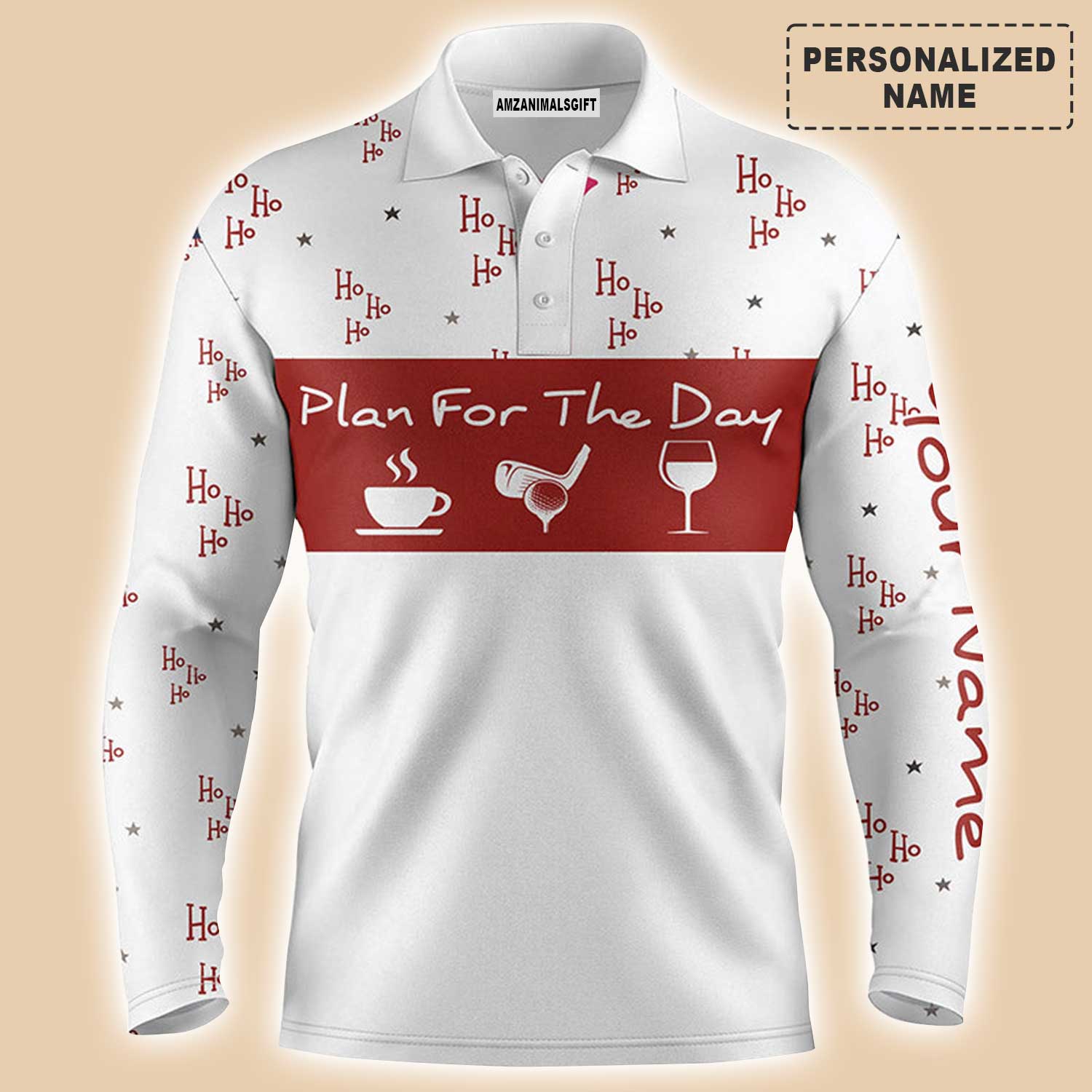 Custom Golf Long Sleeve Men Polo Shirt - Funny Christmas Hohoho Pattern Custom Name, Plan For The Day Coffee Golf Men Polo Shirt - Perfect Polo Shirt For Men