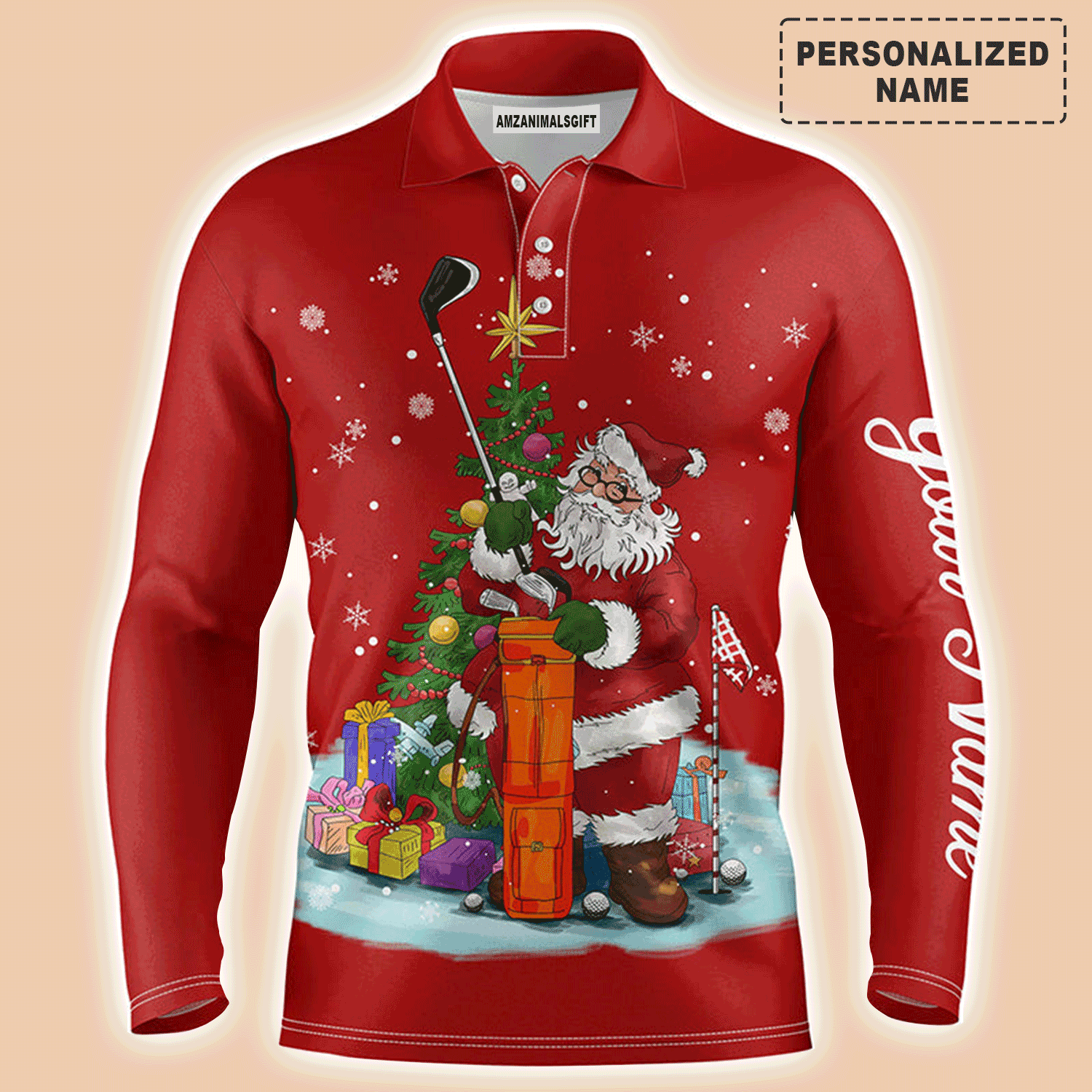 Custom Golf Long Sleeve Men Polo Shirt - Santa Golfer Christmas Custom Name Apparel - Personalized Gift For Golf Lover, Team, Husband, Men