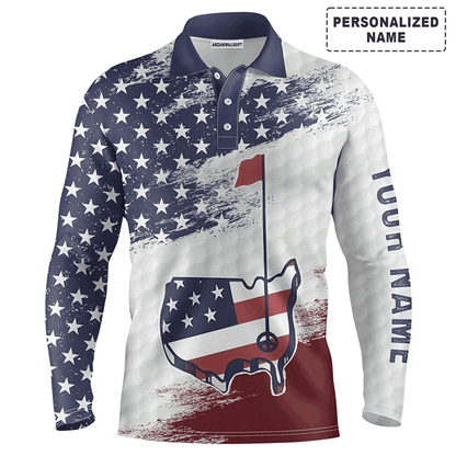 Custom Golf Long Sleeve Men Polo Shirt - Custom Name American Flag Sasquatch Playing Apparel - Personalized Gift For Men, Golf Lover