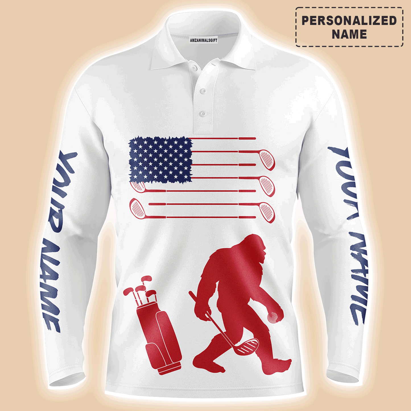 Custom Golf Men Polo Shirt, Bigfoot Golf Custom Name Men Polo Shirt,Custom Name American Flag Bigfoot Patriotic Polo Shirt- Perfect Polo Shirt For Men