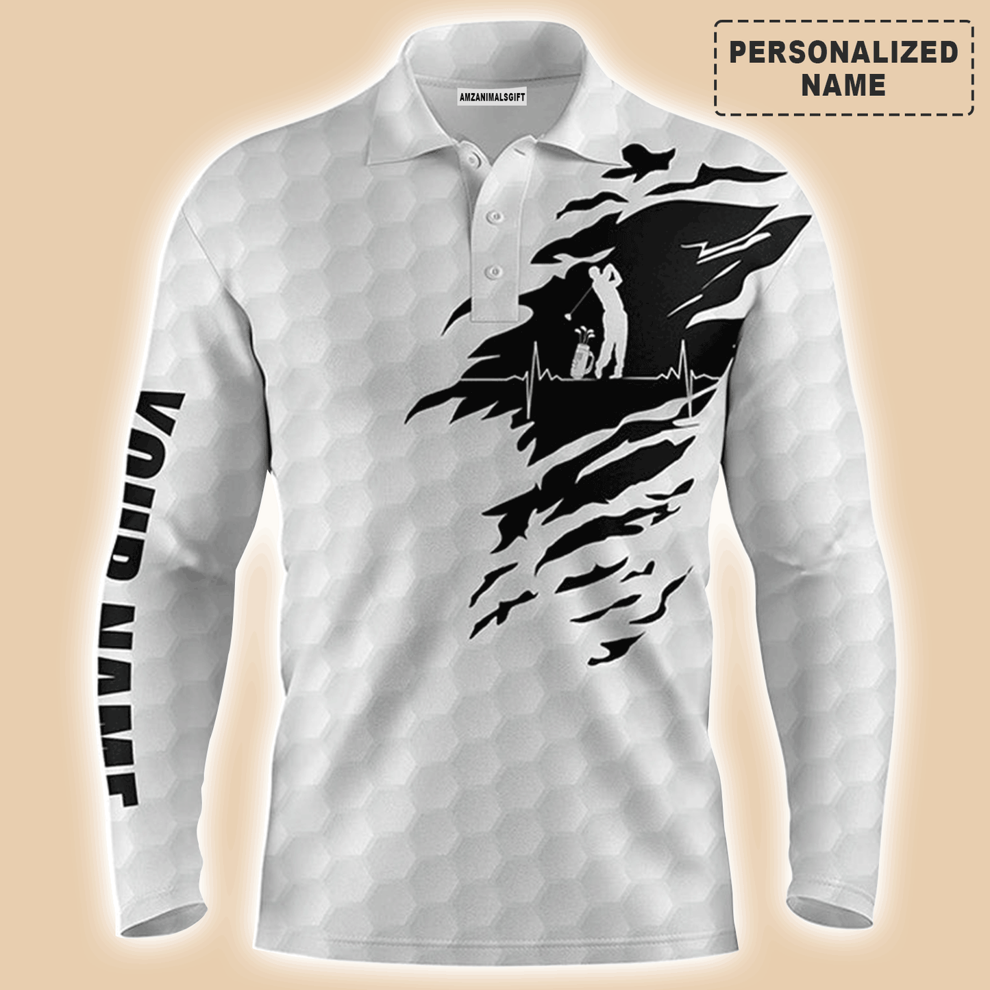 Custom Golf Long Sleeve Men Polo Shirt-Custom Name Golf Ball Pattern White Apparel Men Polo Shirt-Perfect Gift For Men, Golf Lover