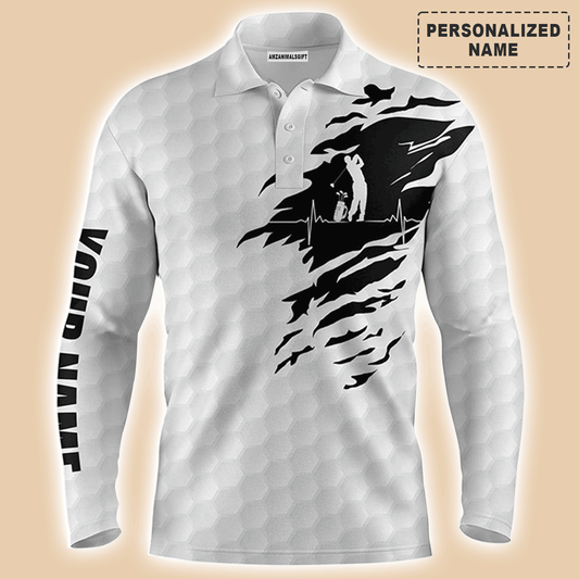 Custom Golf Long Sleeve Men Polo Shirt-Custom Name Golf Ball Pattern White Apparel Men Polo Shirt-Perfect Gift For Men, Golf Lover