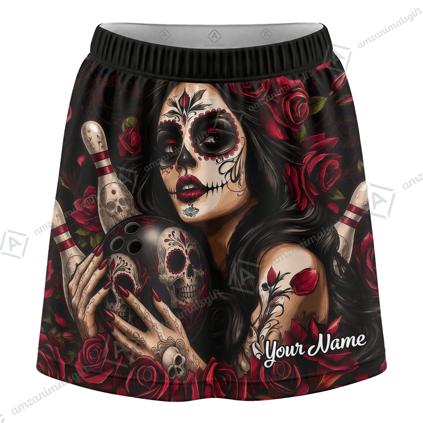 Customized Bowling Trouser Skirts With Shorts Underneath, Bowling Sugar Skull Women With Pockets
