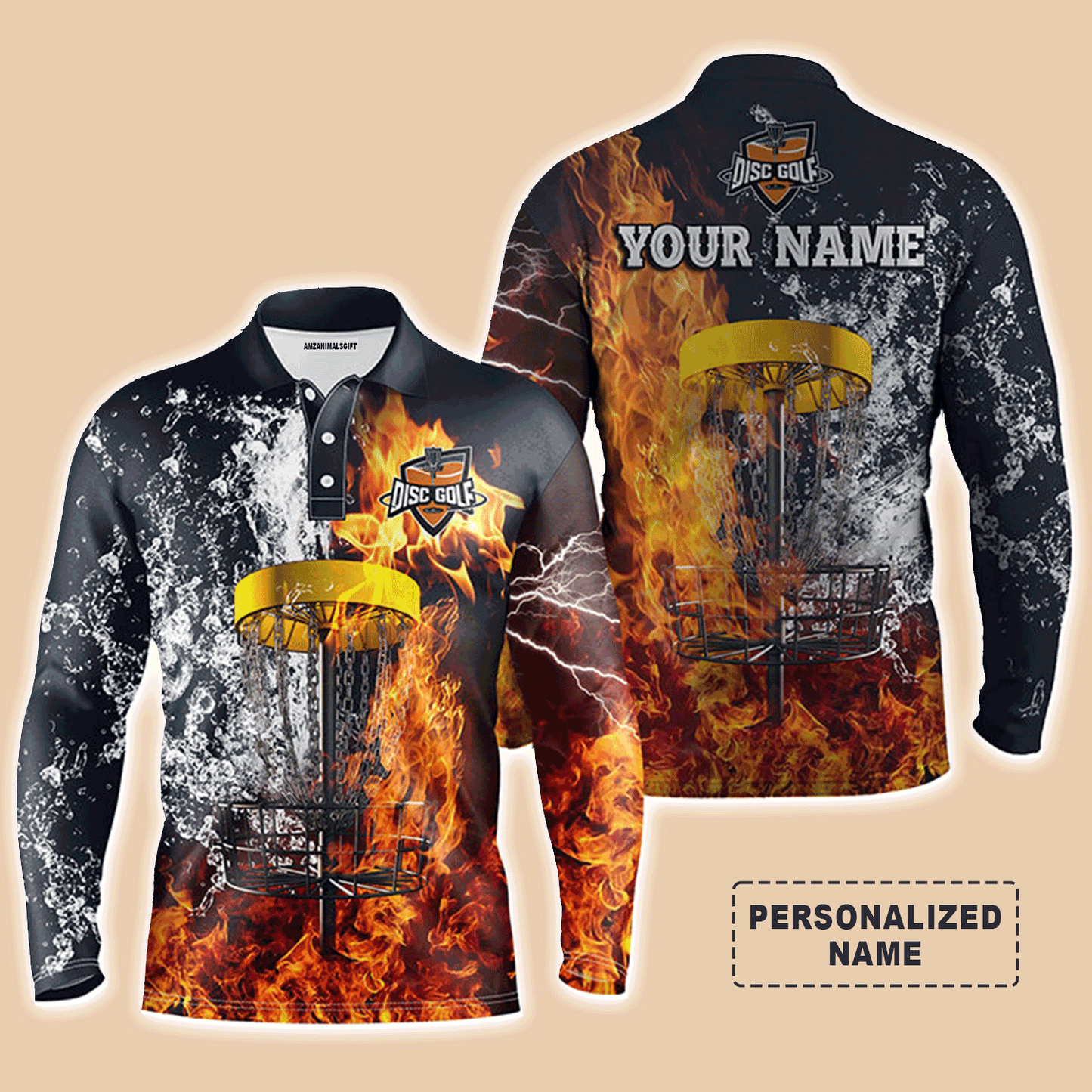 Custom Golf Long Sleeve Men Polo Shirt- Custom Name Fire And Water Disc Golf Basket Apparel- Best Sports Gifts For Disc Golf Lover