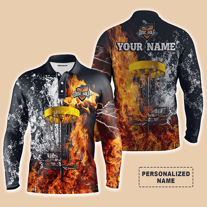Custom Golf Long Sleeve Men Polo Shirt- Custom Name Fire And Water Disc Golf Basket Apparel- Best Sports Gifts For Disc Golf Lover