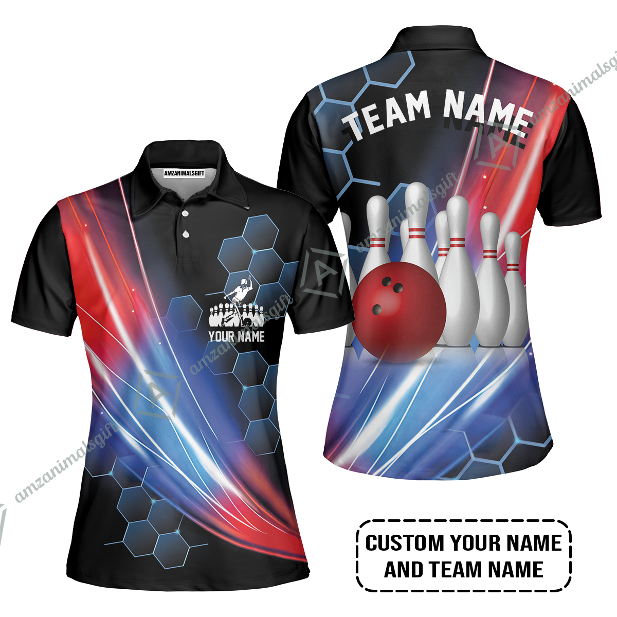 Personalized Bowling Men Long Polo Shirt - Custom Name & Team Name Honeycomb Pattern Bowling Long Polo Shirt For Men & Women Bowling Lover