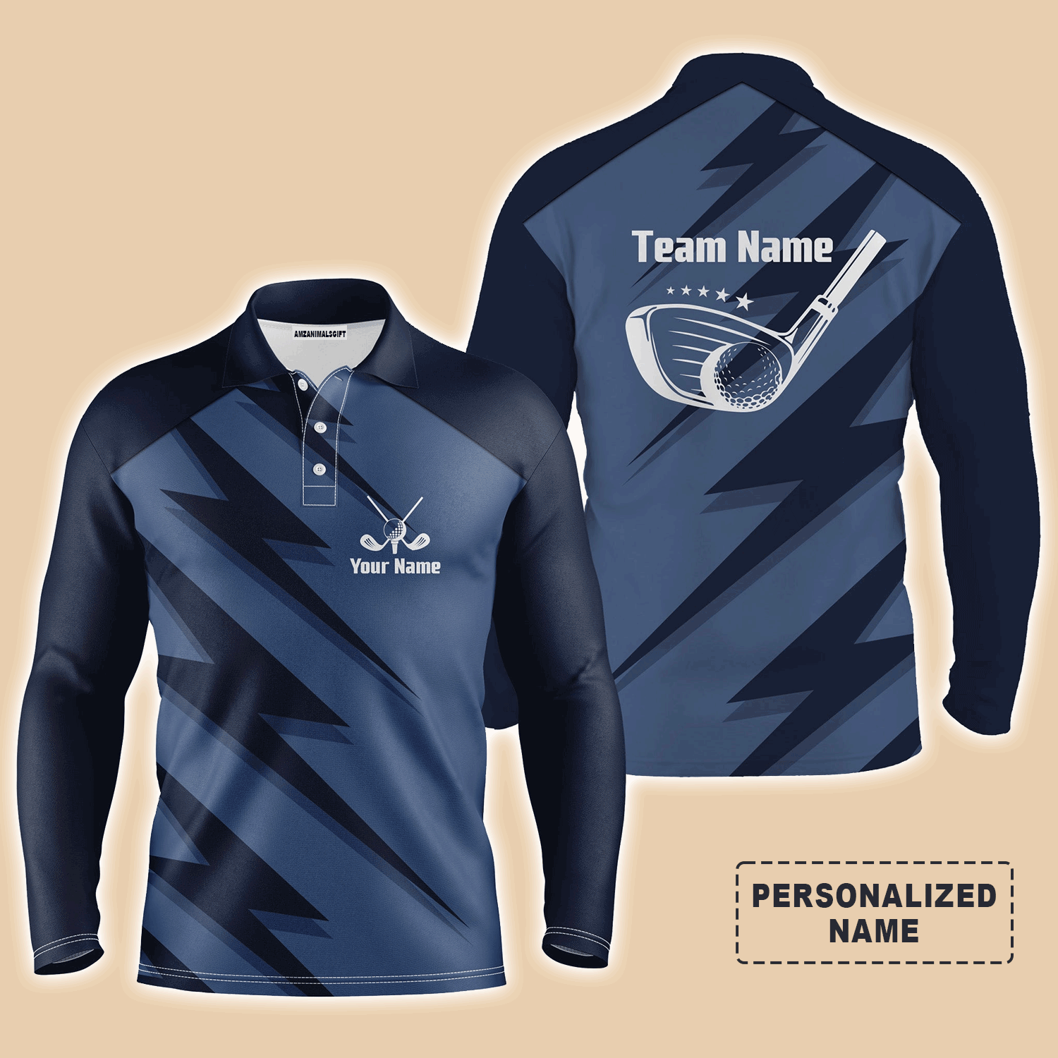 Custom Golf Long Sleeve Men Polo Shirt- Blue Lightning Custom Name And Team Name Golfing Apparel- Perfect Gift For Men, Golf Lover