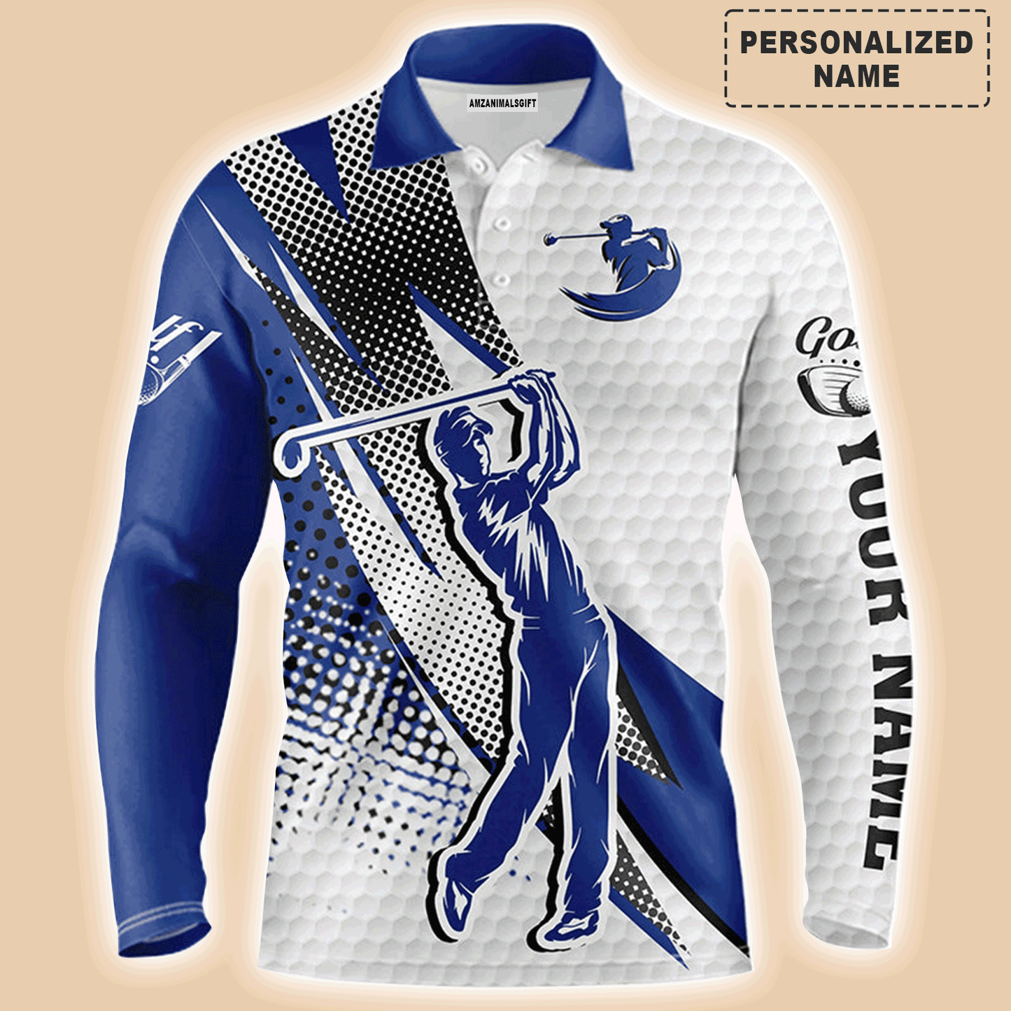 Custom Golf Long Sleeve Men Polo Shirt - Custom Name White And Blue Apparel - Personalized Gift For Men, Golf Lover