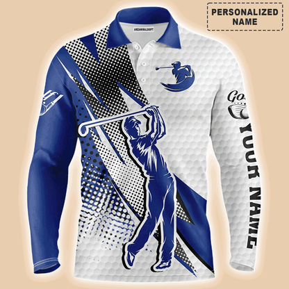Custom Golf Long Sleeve Men Polo Shirt - Custom Name White And Blue Apparel - Personalized Gift For Men, Golf Lover