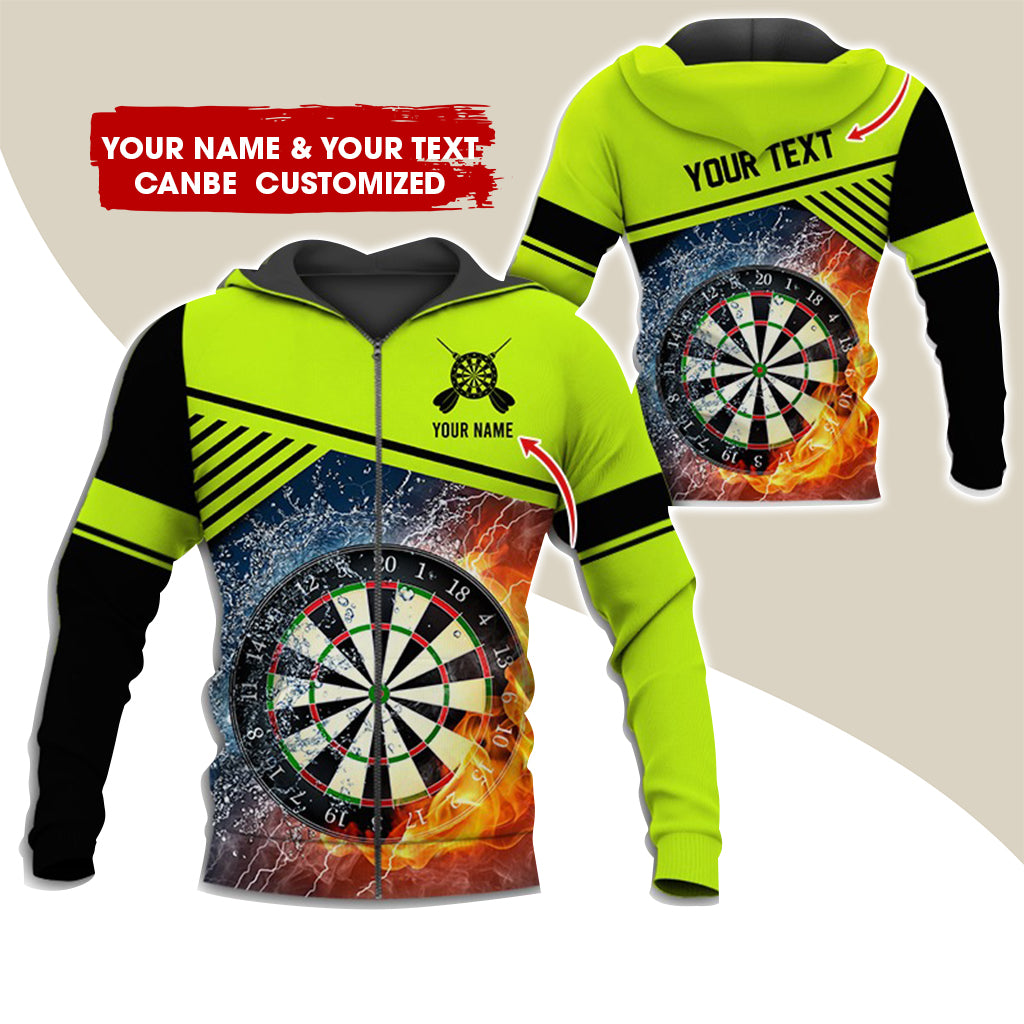 Custom Name & Text Darts Premium Zip Hoodie, Customized Ice & Fire Dartboard Zip Hoodie For Men & Women - Gift For Darts Lovers, Darts Players