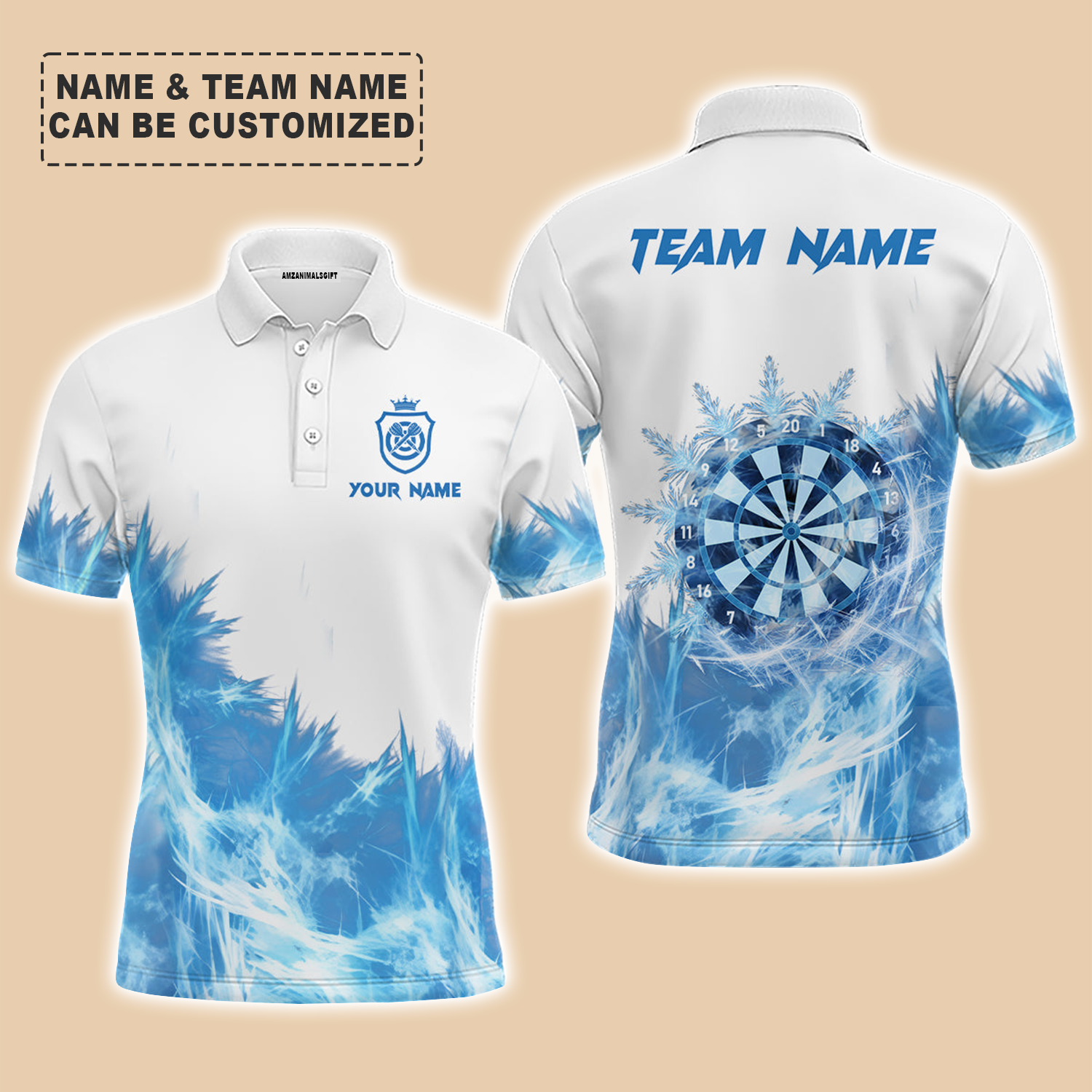 Personalized Darts Men Polo Shirt - Custom Name & Team Name Icy Blue White Mens Darts Polo Shirt For Men, Darts Team, Darts Lover