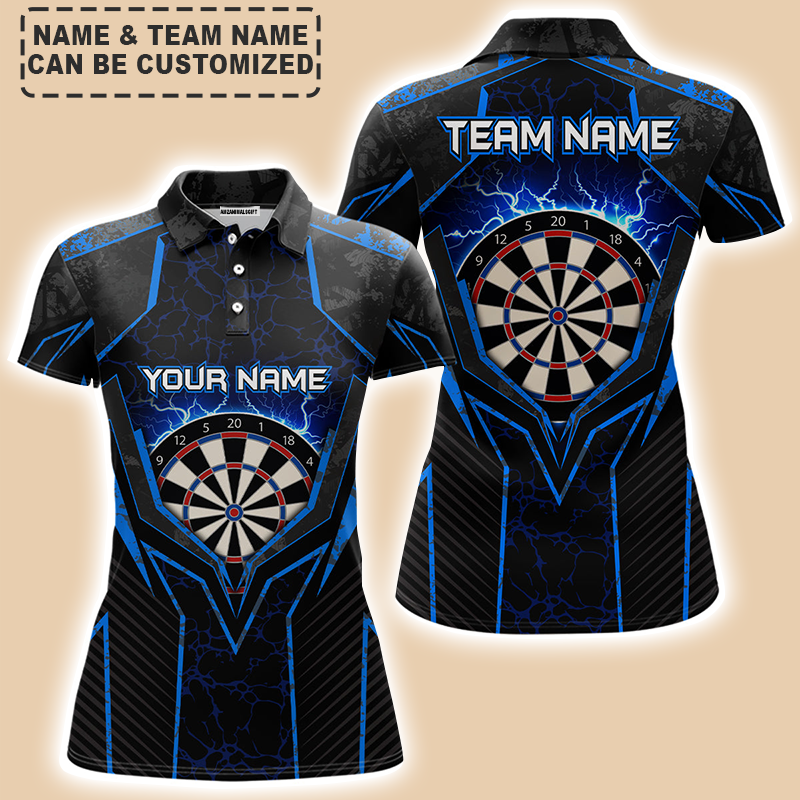 Personalized Darts Women Polo Shirt - Custom Name & Team Name Blue Lightning Thunder Womens Darts Polo Shirt For Women, Darts Team, Darts Lover